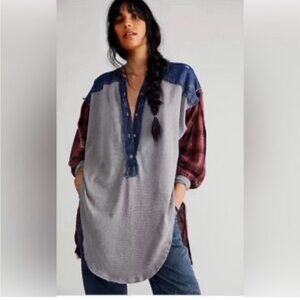 We The Free Gray Tunic with Blue Yoke and Burgundy Plaid Sleeves